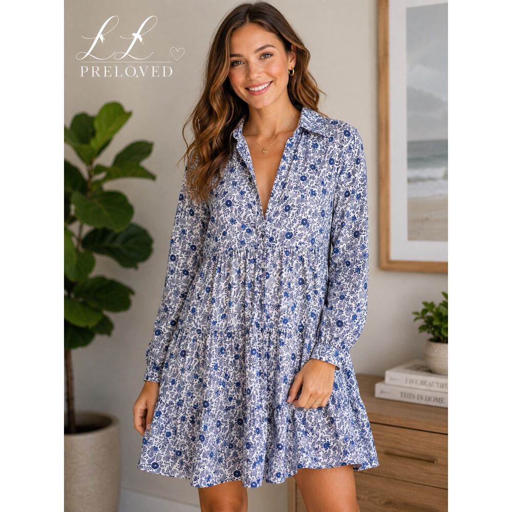J Crew ReImagined Blue White Floral Tiered Shirt Dress Size 2 Cotton Mini